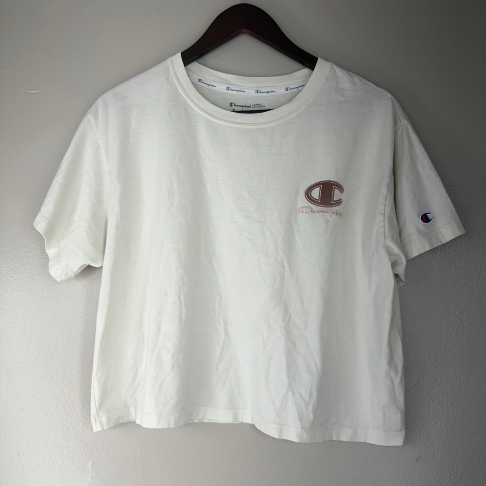 Champion Womens White Cropped T-Shirt Mauve Logo Embroidered W5850G Large